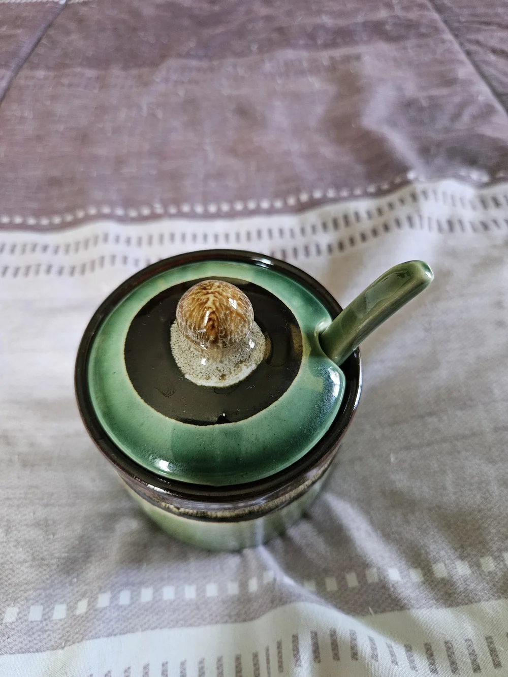 Green Ceramic Lidded Sugar, Honey Jar with Spoon
